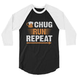 Chug Run Repeat 3/4 sleeve raglan shirt-Shirts-The Beer Mile-Black/White-XS-The Beer Mile