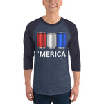 'Merica Red, White, and Blue Beer Cans - 3/4 sleeve raglan shirt-Shirts-The Beer Mile-Heather Denim/Navy-XS-The Beer Mile