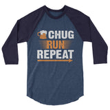 Chug Run Repeat 3/4 sleeve raglan shirt-Shirts-The Beer Mile-Heather Denim/Navy-XS-The Beer Mile