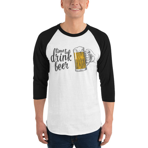 Time to Drink Beer - 3/4 sleeve raglan drinking shirt-Shirts-The Beer Mile-White/Black-XS-The Beer Mile
