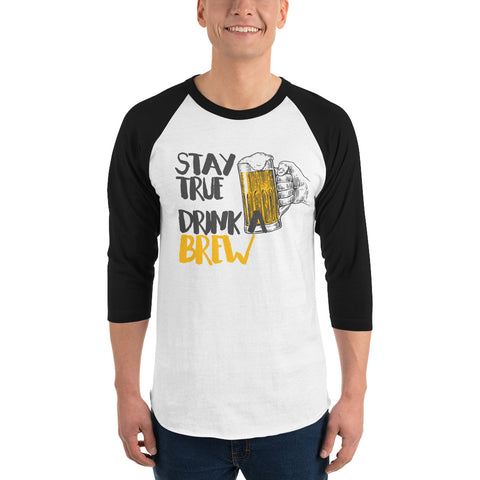 Stay True Drink a Brew - 3/4 sleeve raglan shirt-Shirts-The Beer Mile-White/Black-XS-The Beer Mile