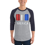 'Merica Red, White, and Blue Beer Cans - 3/4 sleeve raglan shirt-Shirts-The Beer Mile-Heather Grey/Navy-XS-The Beer Mile