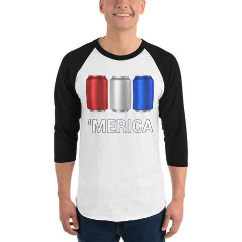 'Merica Red, White, and Blue Beer Cans - 3/4 sleeve raglan shirt-Shirts-The Beer Mile-White/Black-XS-The Beer Mile